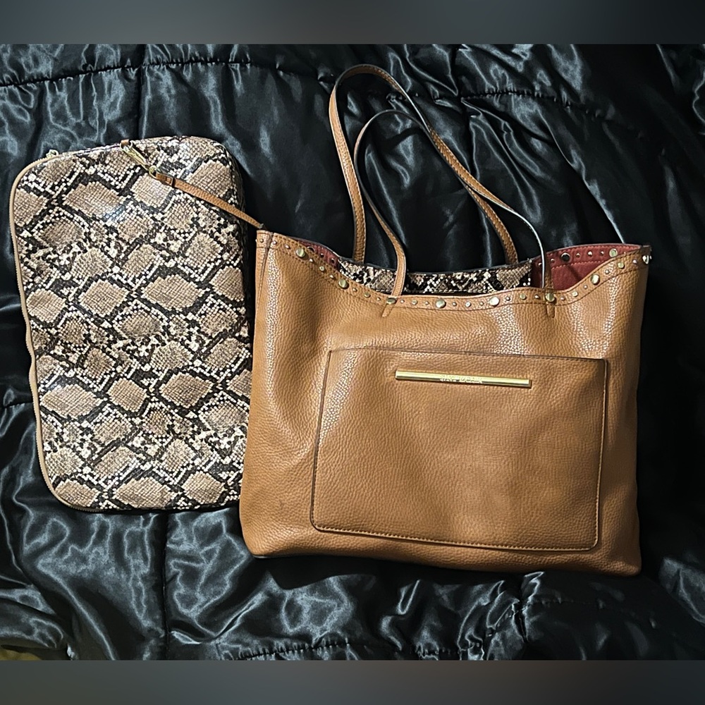Steve Madden Brown Purse/Tote Bag with Snake Print Detachable Bag and Pocket